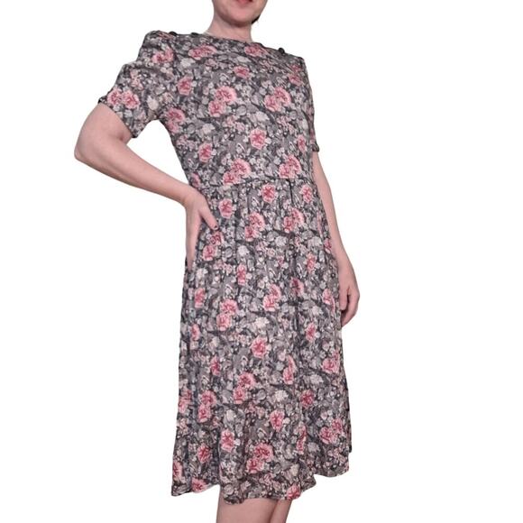 Vintage 80s Floral Print Short Sleeve Dress Cottagecore Women Size Petite Large - Picture 11 of 11